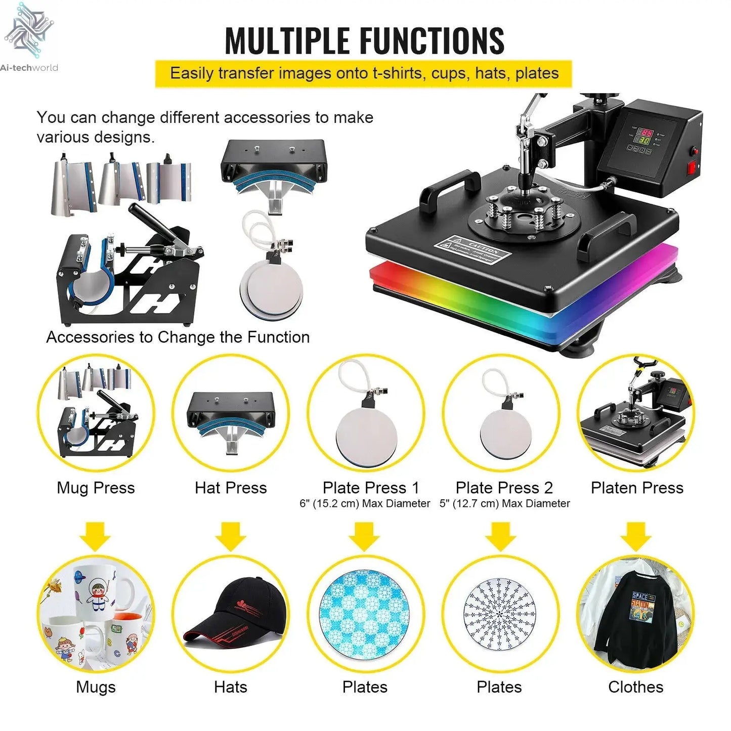 SucceBuy Combo Heat Press Machine 5/6/8 in 1 30*38CM 38*38CM Muntifunctional Sublimation Printer Transfer Mug Hat Plate T-Shirt Ai-TechWorld