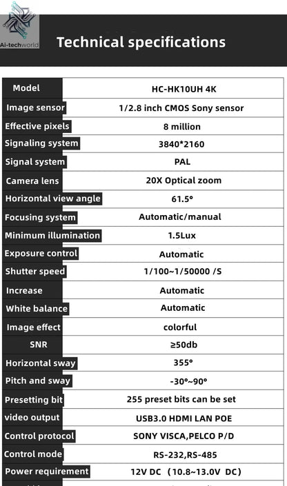 Conference Camera PTZ Video 4K/1080P AI Tracking 30/60fps USB3.0 HDMI LAN POE/USB 20/10X For Educate Live Business Meet Medicine - Ai - TechWorld