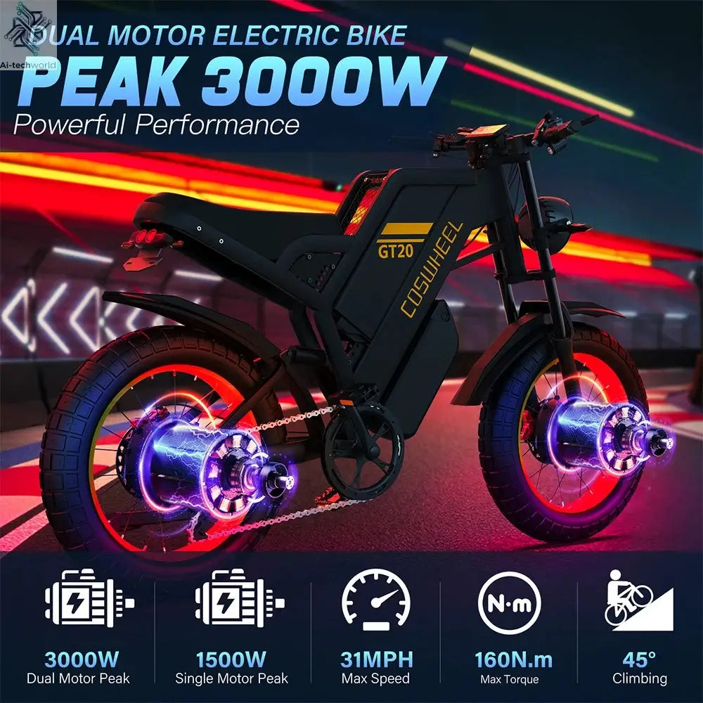 Coswheel Electric bike for Adult 2000W 60V Off-Road Motorcycle Mountain Bikes 20Inch Electric bike Fatbike Motorcycles ebike Ai-TechWorld 