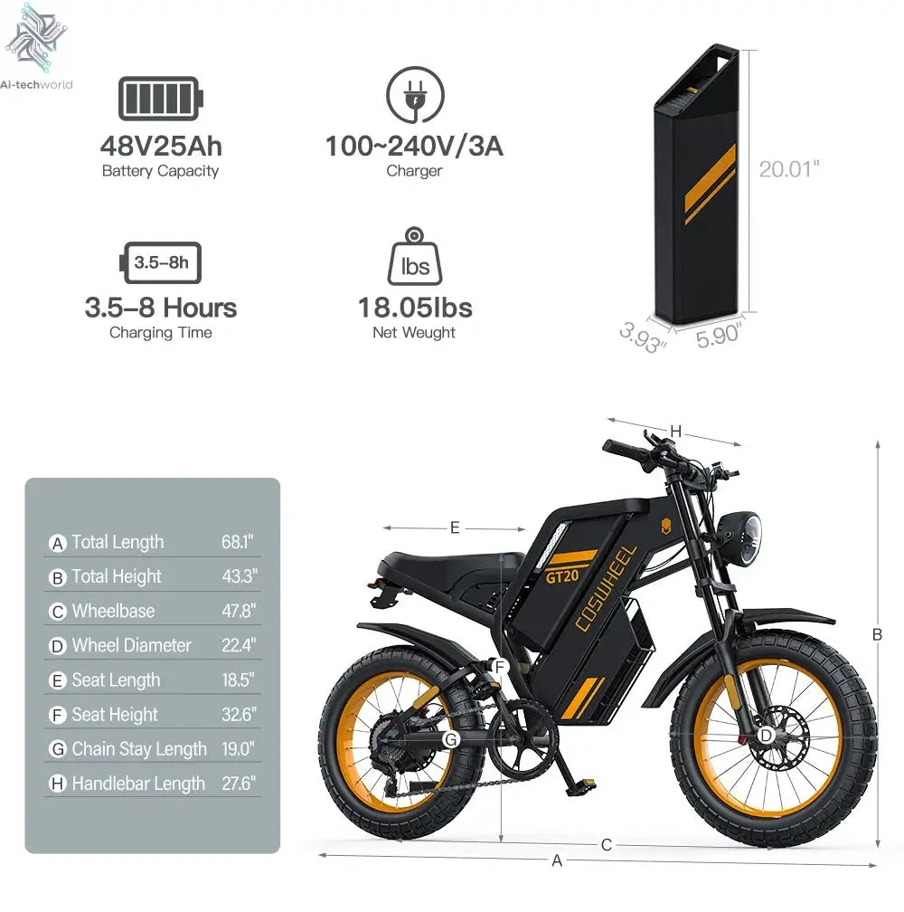 Coswheel Electric bike for Adult 2000W 60V Off-Road Motorcycle Mountain Bikes 20Inch Electric bike Fatbike Motorcycles ebike Ai-TechWorld 
