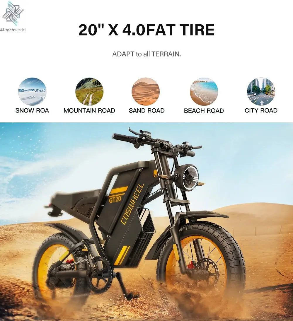 Coswheel Electric bike for Adult 2000W 60V Off-Road Motorcycle Mountain Bikes 20Inch Electric bike Fatbike Motorcycles ebike Ai-TechWorld 
