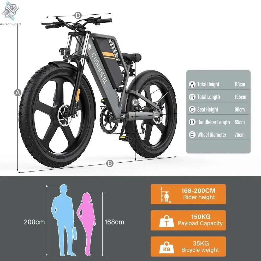 Coswheel T26 adult E-bike 500W 48V20Ah battery commute Electric Bike,26-inch Fat Tire E-Mountain bike Ai-TechWorld 