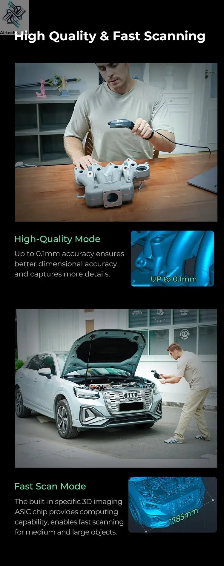 Creality 3D Scanner CR-Scan Ferret Pro Handheld Anti-shake Tracking WiFi6 24-bit full-color Wireless Scanning 0.1mm Accuracy Ai-TechWorld