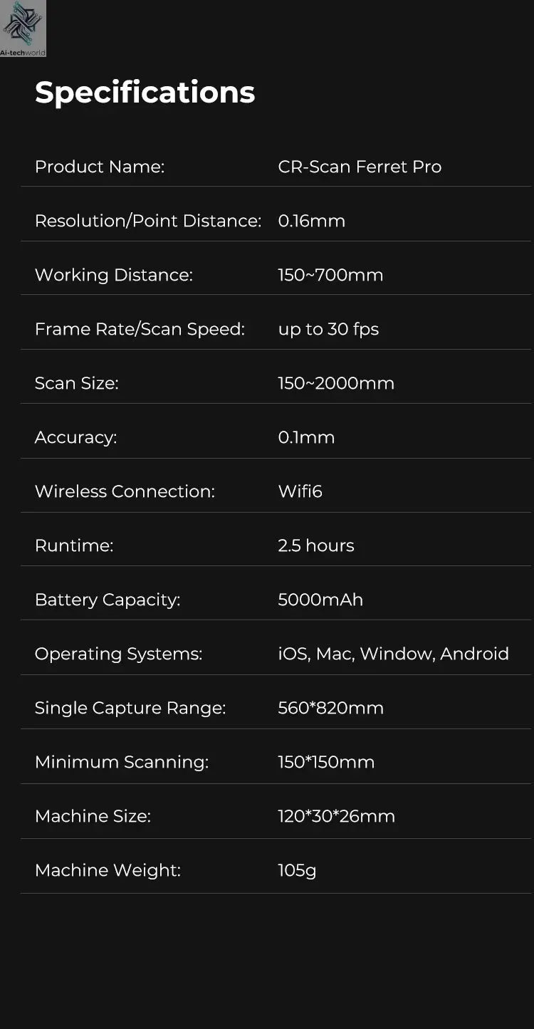 Creality 3D Scanner CR-Scan Ferret Pro Handheld Anti-shake Tracking WiFi6 24-bit full-color Wireless Scanning 0.1mm Accuracy Ai-TechWorld