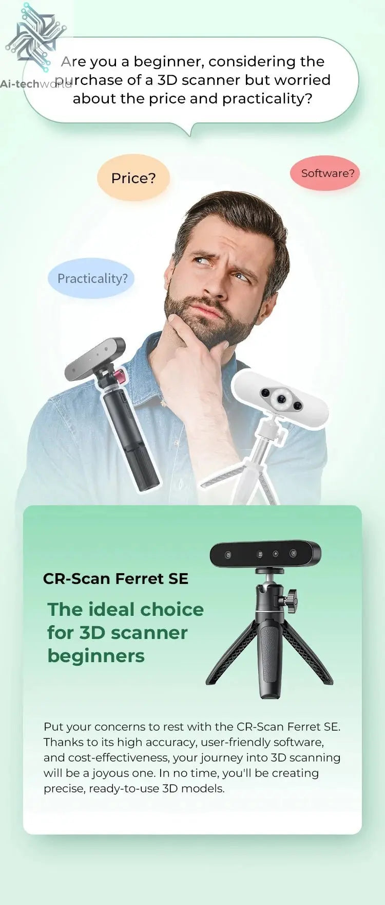 Creality CR-Scan Ferret SE 3D Scanner Anti-Shake Tracking 24-Bit Full Color Up to 0.05mm 30fps Scanning Speed 150-2000mm Ai-TechWorld