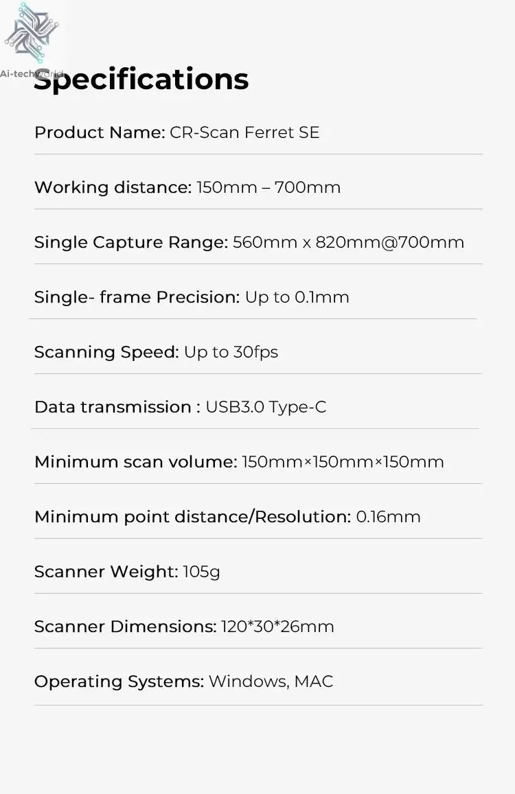 Creality CR-Scan Ferret SE 3D Scanner Anti-Shake Tracking 24-Bit Full Color Up to 0.05mm 30fps Scanning Speed 150-2000mm Ai-TechWorld