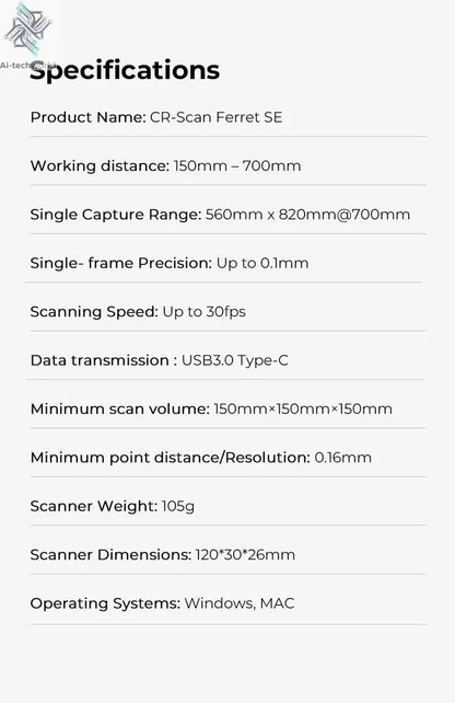 Creality CR-Scan Ferret SE 3D Scanner Anti-Shake Tracking 24-Bit Full Color Up to 0.05mm 30fps Scanning Speed 150-2000mm Ai-TechWorld