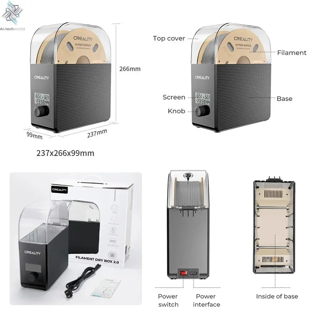 Creality Filament Dryer Upgrade Fan Filament Dry Box 1KG PLA PETG ABS TPU Filaments Dehydrator Storage Box Filament Spool Holder Ai-TechWorld