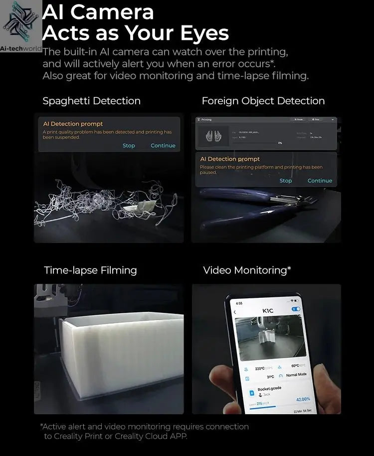 Creality K1C 3D Printer 600mm/s Auto Leveling Robust Direct Extruder Tri-High Speed Printing Upgrade K1 with AI Camera Printer Ai-TechWorld