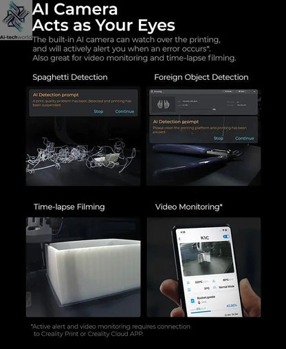 Creality K1C 3D Printer 600mm/s Auto Leveling Robust Direct Extruder Tri-High Speed Printing Upgrade K1 with AI Camera Printer Ai-TechWorld