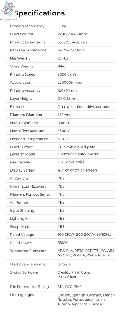 Creality K1C 3D Printer 600mm/s Auto Leveling Robust Direct Extruder Tri-High Speed Printing Upgrade K1 with AI Camera Printer Ai-TechWorld