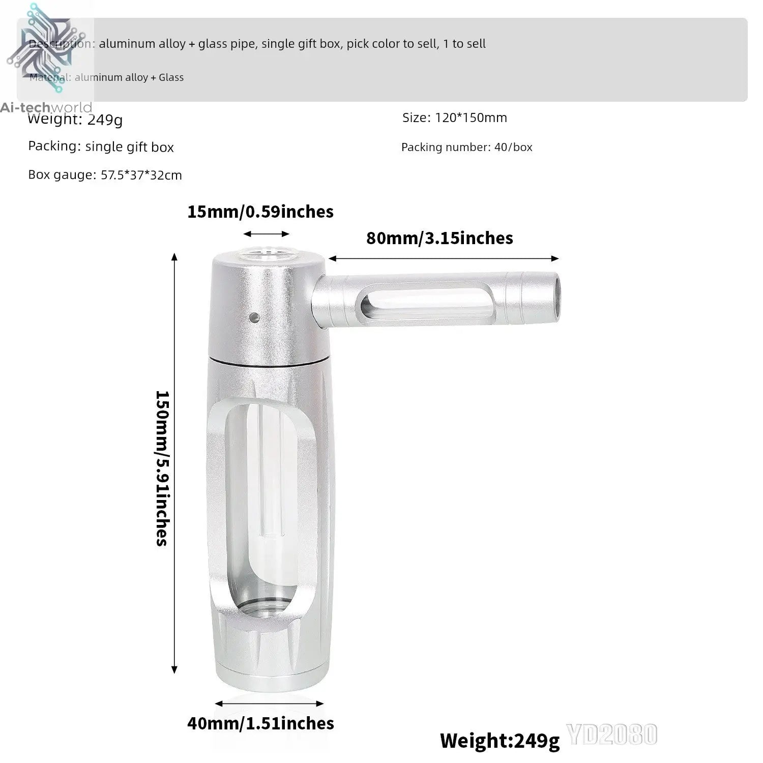 Cross-Border New Arrival Hammer-Shaped Aluminum Alloy Pipe Portable Metal Glass Tobacco Pipe Removable Easy to Clean Pipe Ai-TechWorld 