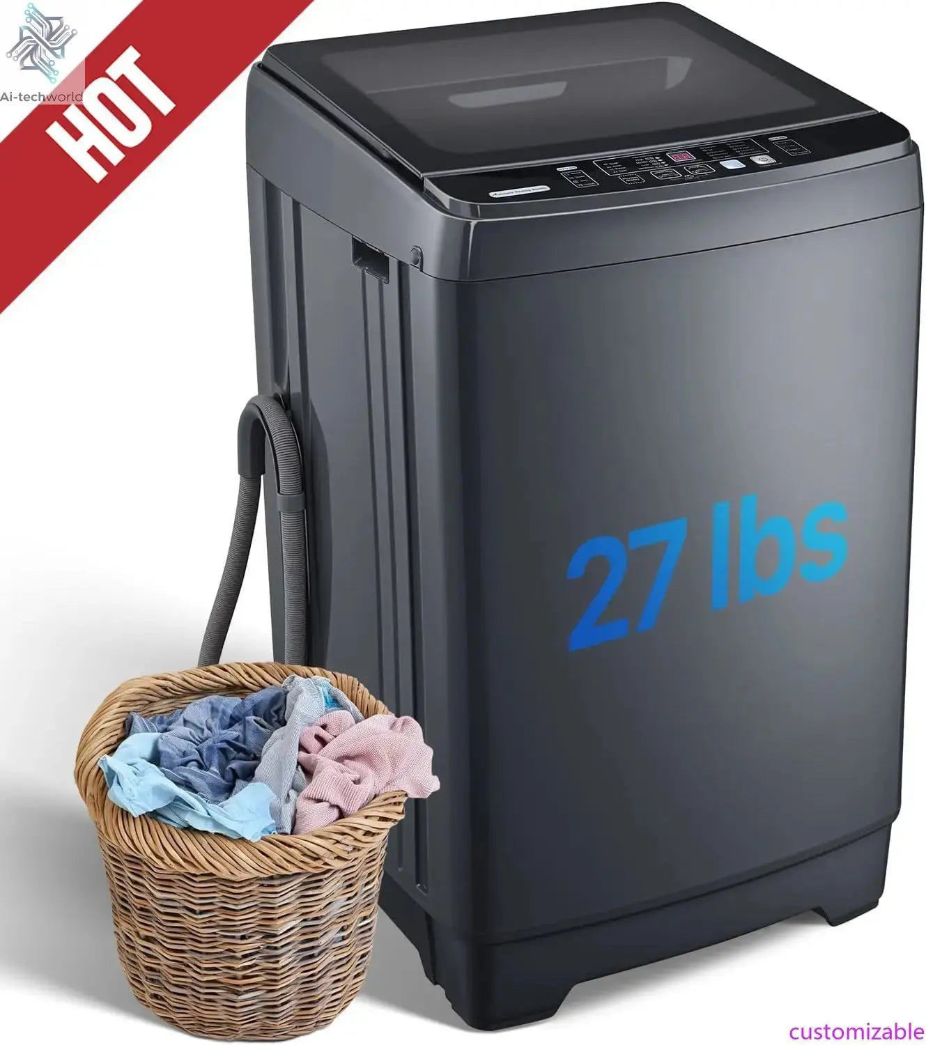 Customizable Portable Washing Machines 27 LBS Full Automatic Clothes Washer and Spinner Combo with 10 Program and 8 Water Level, Ai-TechWorld 