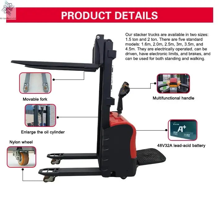 Customized Hot sale warehouse portable stacker 3-6m lift low price electric stacker 1ton 2ton 3ton fully electric pallet Ai-TechWorld 