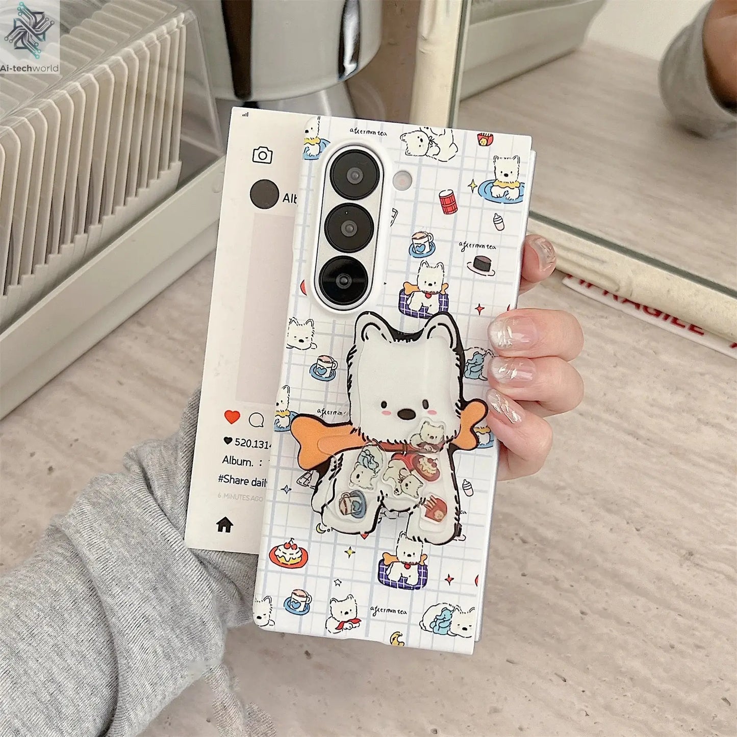 Cute Funny Puppy Phone Case with West Highland Bracket for Samsung Galaxy Z Fold 7 6 Fold7 Z Fold6 ZFold 7 Zfold6 Zfold5 Cover Ai-TechWorld 