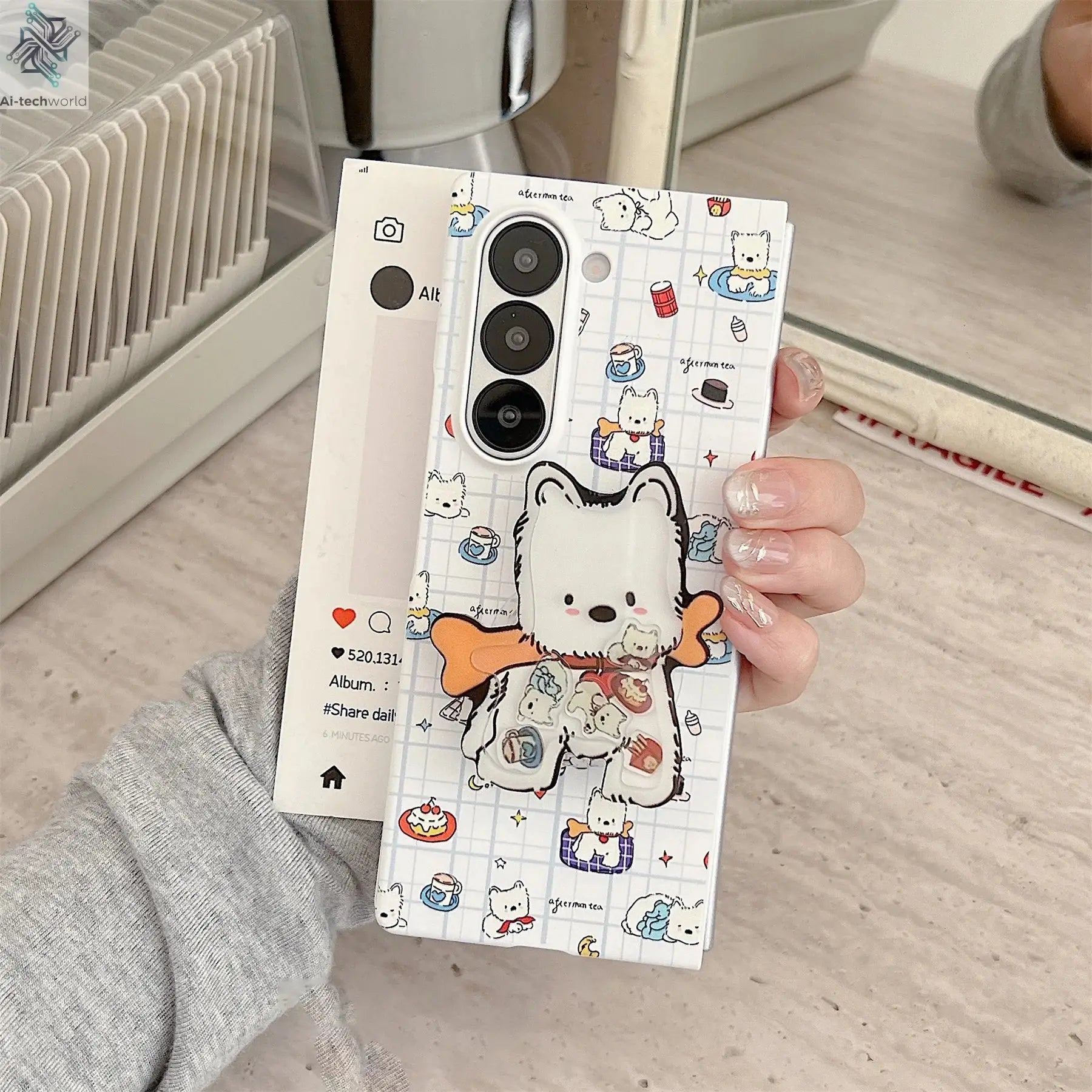 Cute Funny Puppy Phone Case with West Highland Bracket for Samsung Galaxy Z Fold 7 6 Fold7 Z Fold6 ZFold 7 Zfold6 Zfold5 Cover Ai-TechWorld 