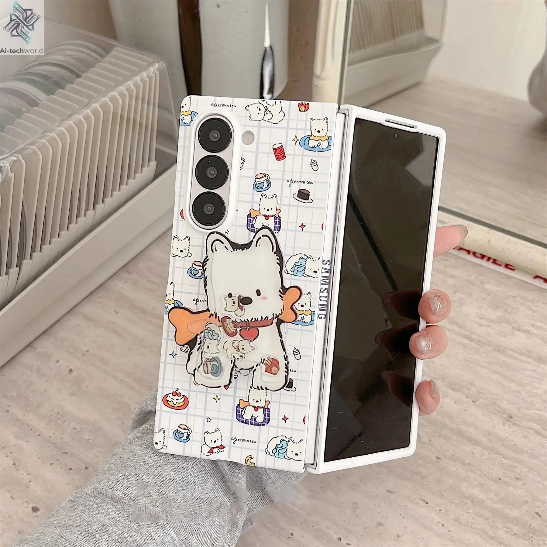Cute Funny Puppy Phone Case with West Highland Bracket for Samsung Galaxy Z Fold 7 6 Fold7 Z Fold6 ZFold 7 Zfold6 Zfold5 Cover Ai-TechWorld 