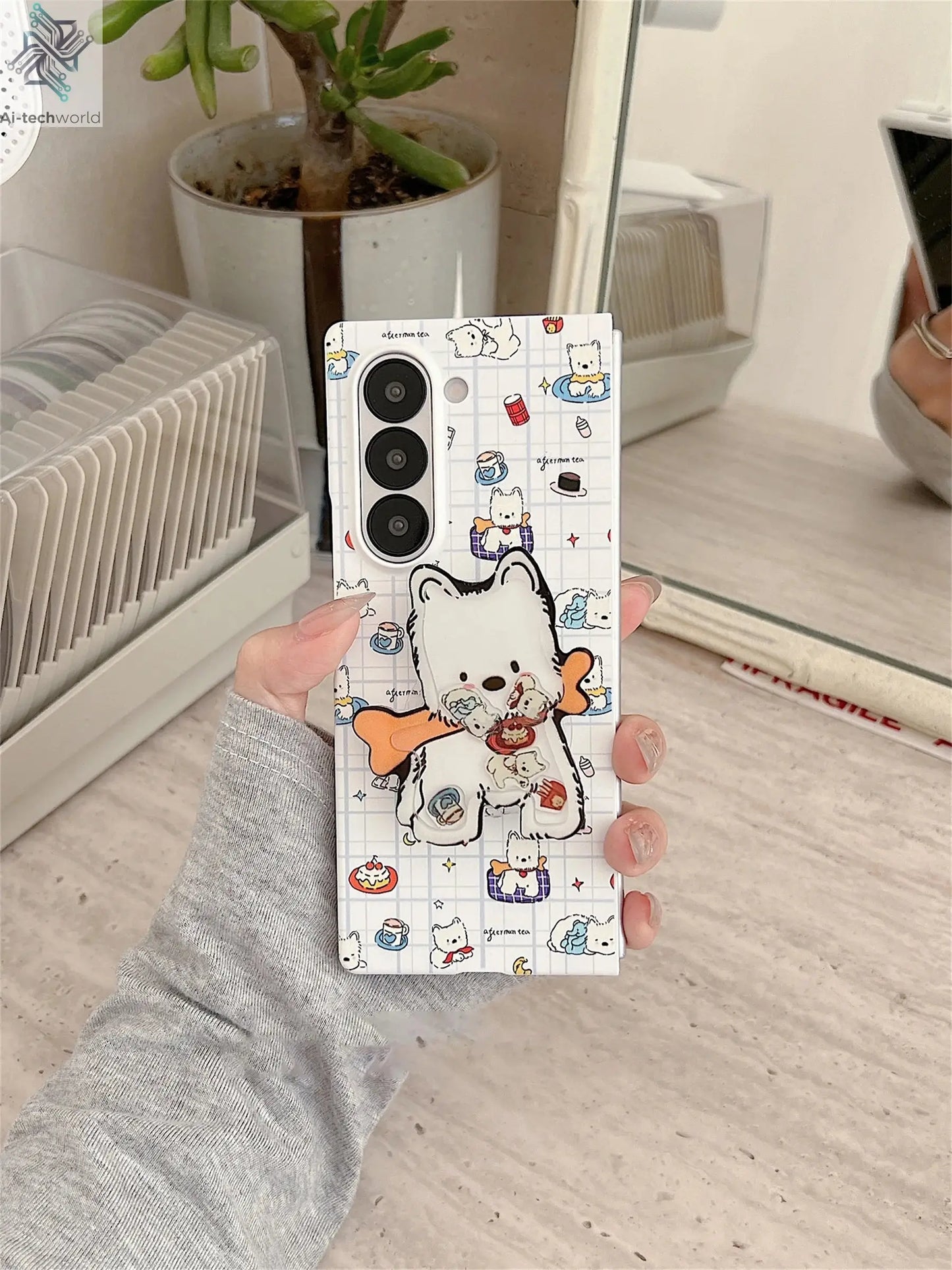 Cute Funny Puppy Phone Case with West Highland Bracket for Samsung Galaxy Z Fold 7 6 Fold7 Z Fold6 ZFold 7 Zfold6 Zfold5 Cover Ai-TechWorld 