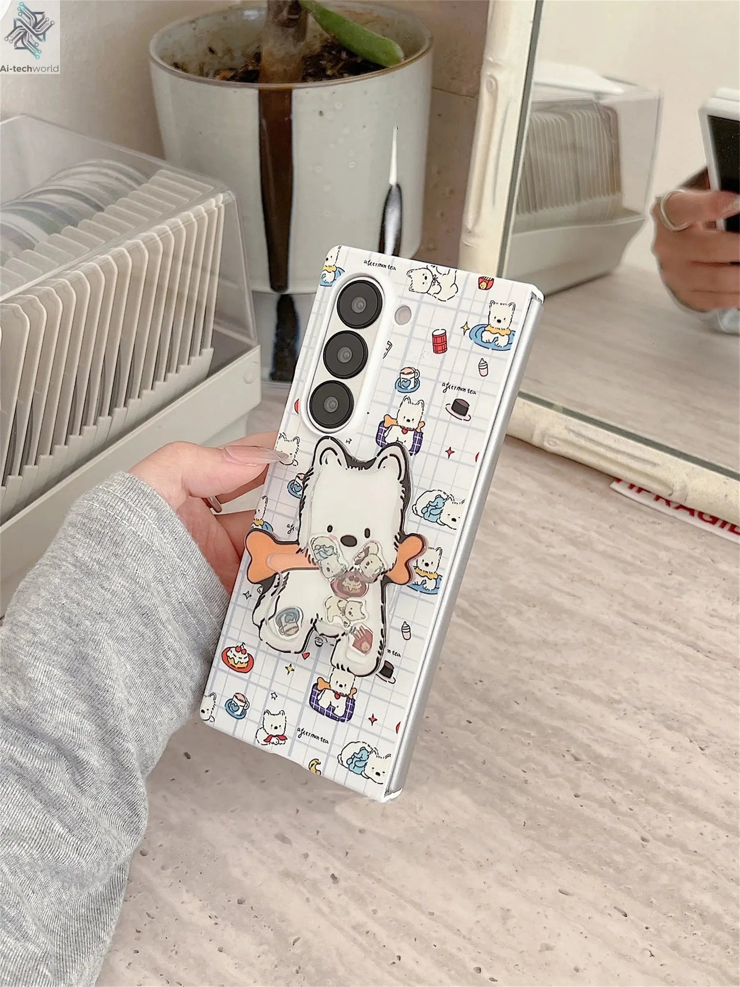 Cute Funny Puppy Phone Case with West Highland Bracket for Samsung Galaxy Z Fold 7 6 Fold7 Z Fold6 ZFold 7 Zfold6 Zfold5 Cover Ai-TechWorld 