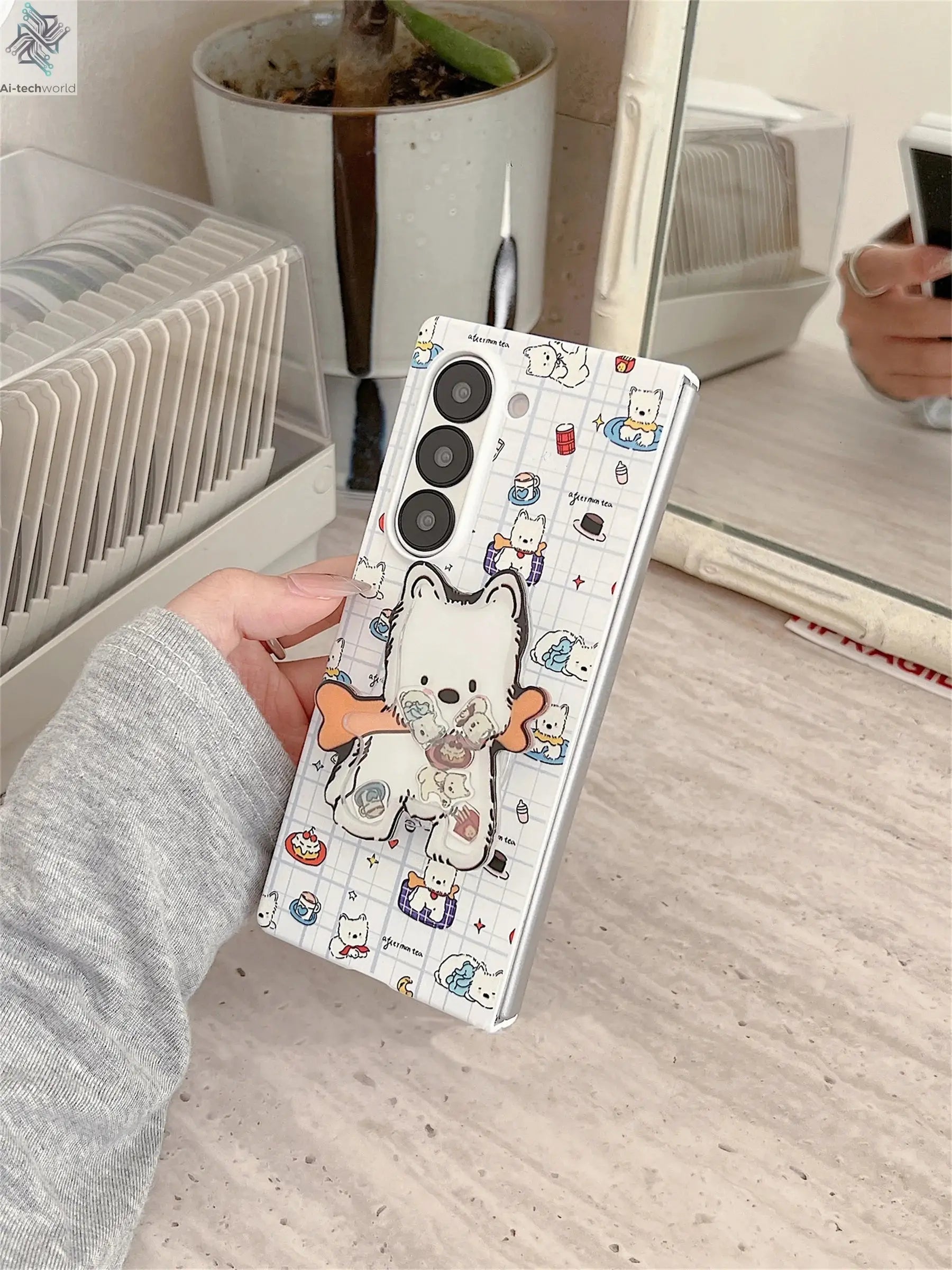 Cute Funny Puppy Phone Case with West Highland Bracket for Samsung Galaxy Z Fold 7 6 Fold7 Z Fold6 ZFold 7 Zfold6 Zfold5 Cover Ai-TechWorld 