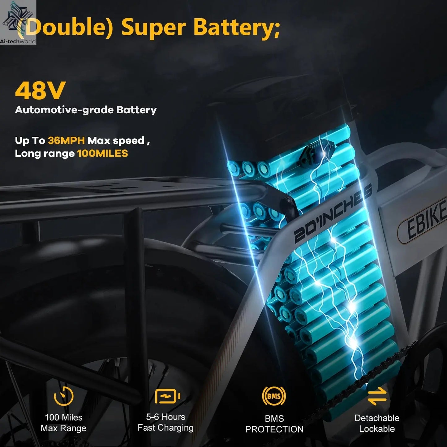Cybervelo EK4 Folding Electric Bike, 48V 960WH Large Removable Battery E-Bike, 30+MPH, 80 Miles Max Range, 20" FatTire for Adult Ai-TechWorld 