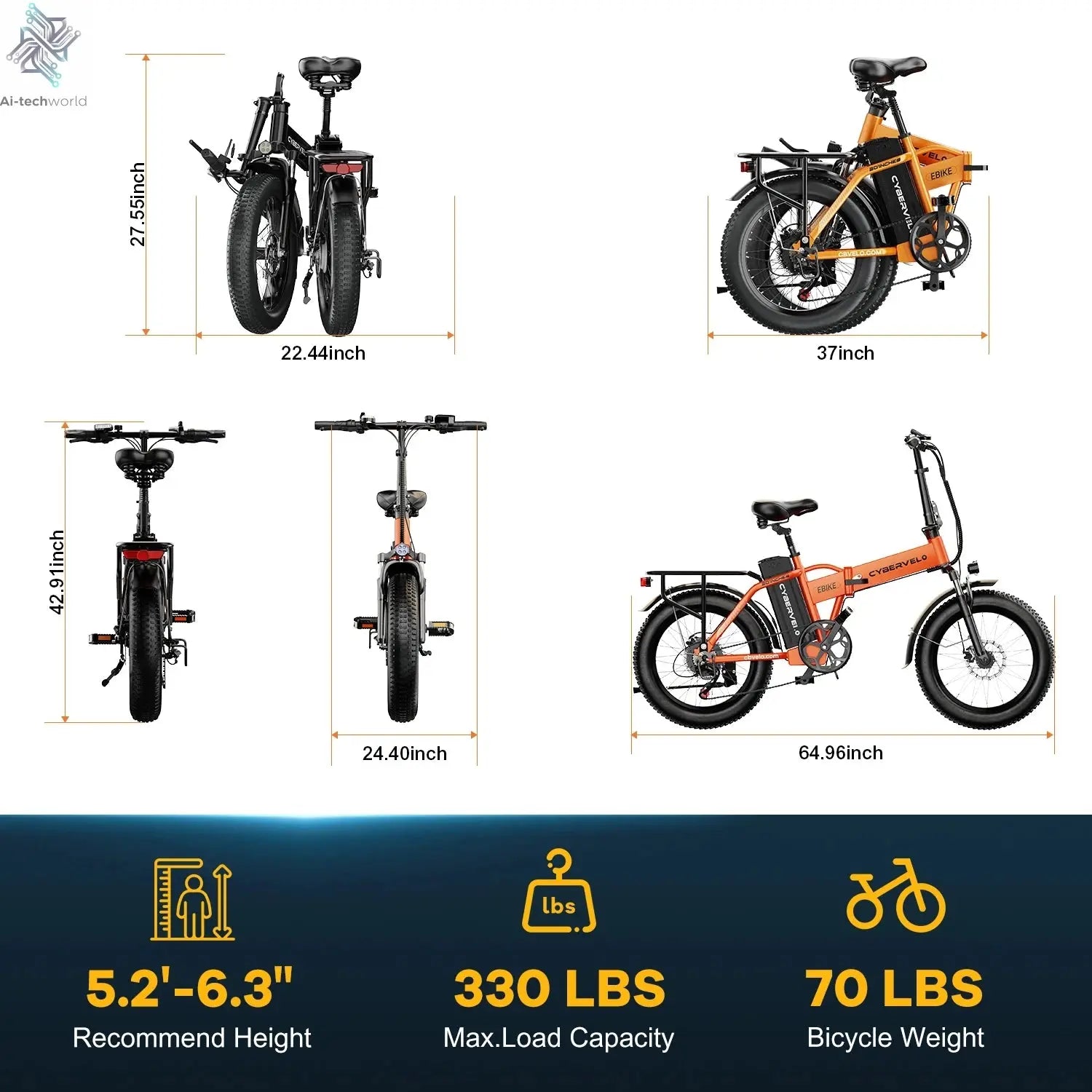 Cybervelo EK4 Folding Electric Bike, 48V 960WH Large Removable Battery E-Bike, 30+MPH, 80 Miles Max Range, 20" FatTire for Adult Ai-TechWorld 