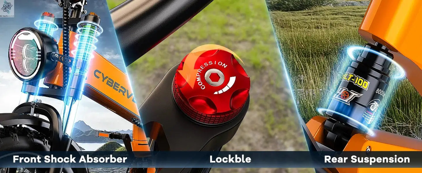 Cybervelo EK6 20” Fat Tire 2000W Peak Motor Luxury Foldable ebike,48V Removable Battery E Bicycle, 35+ MPH 100+Miles Long Range - Ai-TechWorld