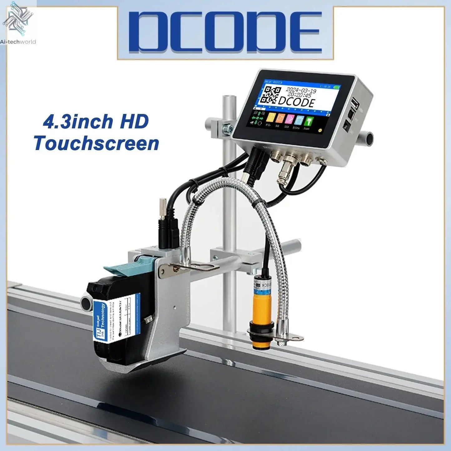 DCODE 130PLUS Industrial Online Inkjet Printer 12.7/25.4mm Nozzle with 4.3inch Screen QR Barcode Batch Number Logo Date Printer Ai-TechWorld