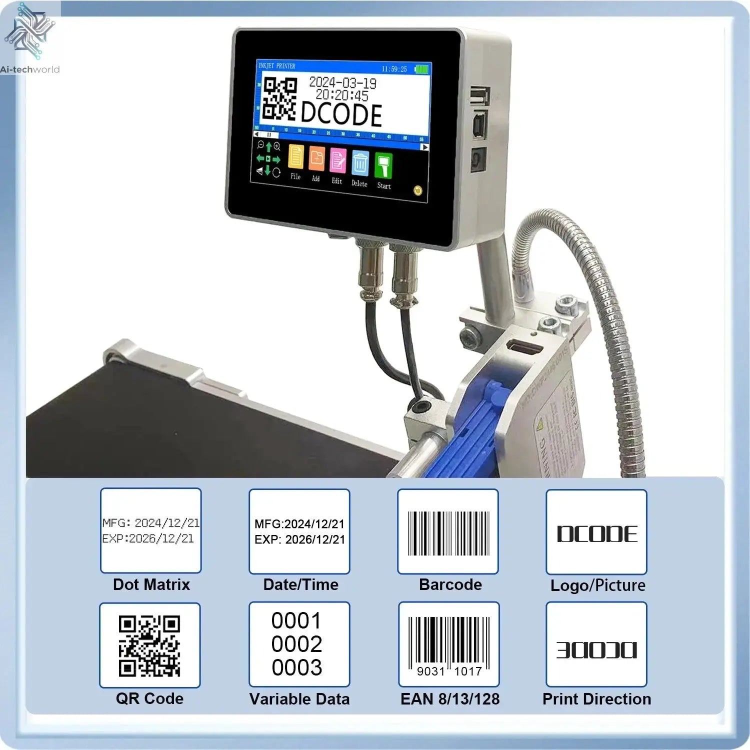 DCODE 130PLUS Industrial Online Inkjet Printer 12.7/25.4mm Nozzle with 4.3inch Screen QR Barcode Batch Number Logo Date Printer Ai-TechWorld