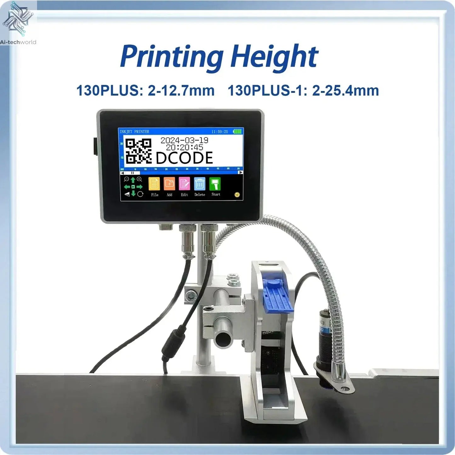 DCODE 130PLUS Industrial Online Inkjet Printer 12.7/25.4mm Nozzle with 4.3inch Screen QR Barcode Batch Number Logo Date Printer Ai-TechWorld