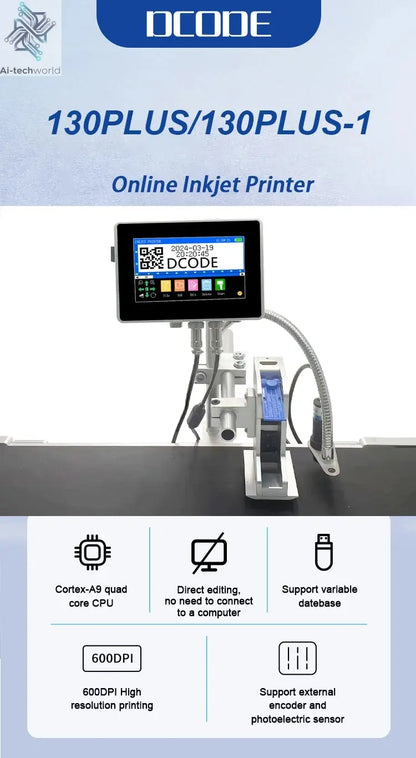 DCODE 130PLUS Industrial Online Inkjet Printer 12.7/25.4mm Nozzle with 4.3inch Screen QR Barcode Batch Number Logo Date Printer Ai-TechWorld