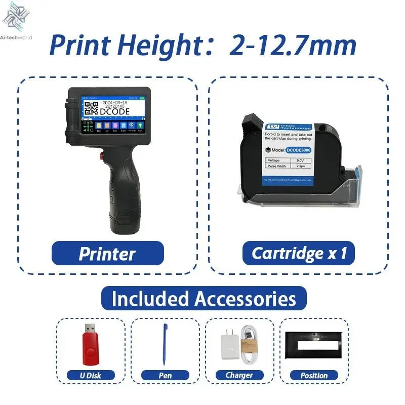 DCODE 1755PLUS 12.7mm Portable Printers Handheld Inkjet Printer Text QR Barcode Batch Number Logo Image Date Printing Machine Ai-TechWorld