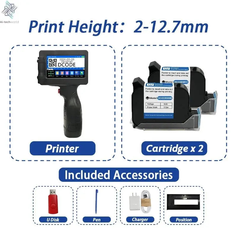 DCODE 1755PLUS 12.7mm Portable Printers Handheld Inkjet Printer Text QR Barcode Batch Number Logo Image Date Printing Machine Ai-TechWorld