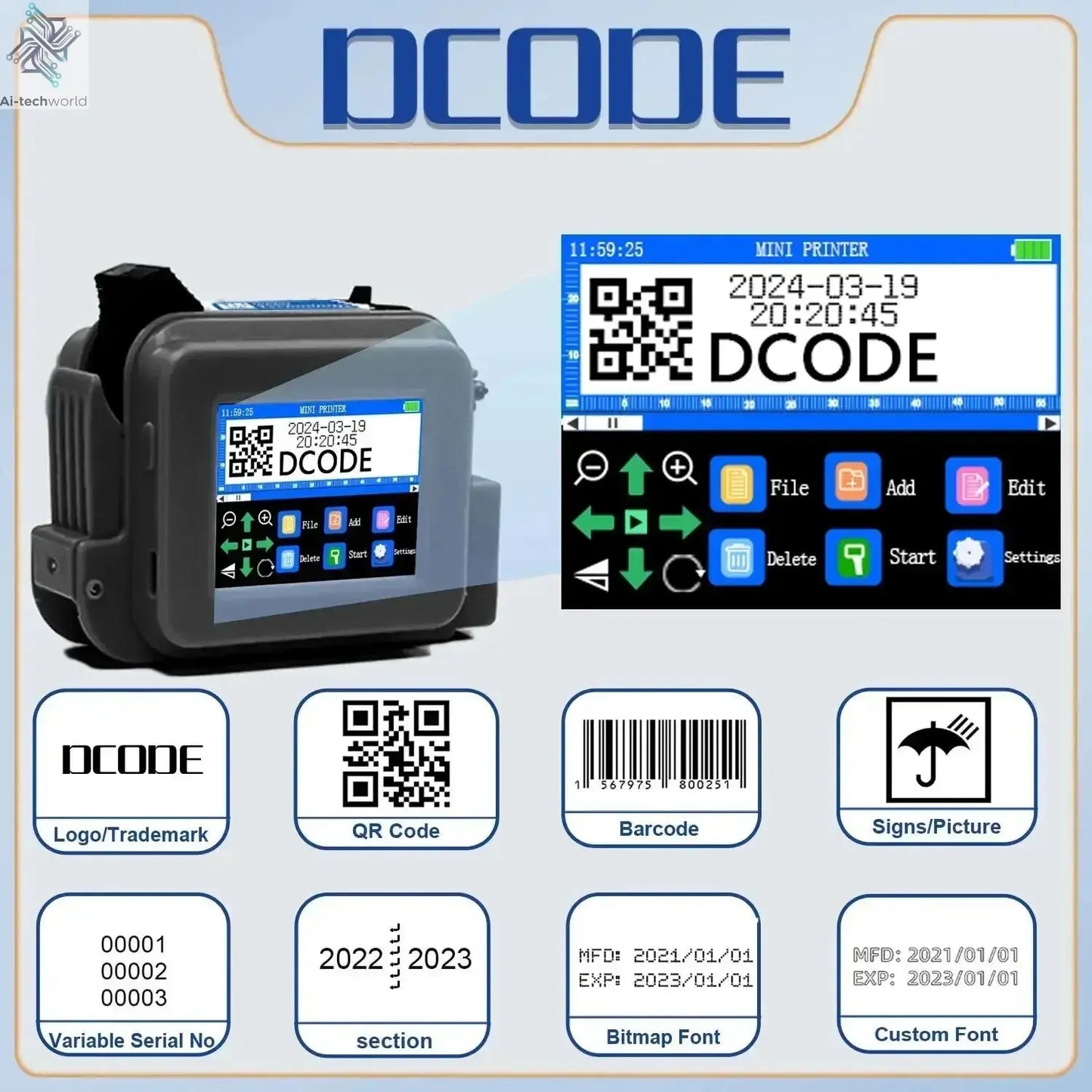 DCODE XMINI 12.7mm Portable Mini Printer Handheld Inkjet Printer Text QR Barcode Image Batch Number Logo Image Coding Machine Ai-TechWorld