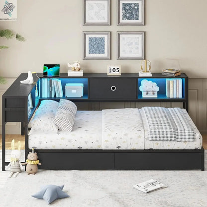 DICTAC Twin Corner Bed Frame w/ Bookcase, Storage Drawers & Charging Station - LED Lights Daybed for Living Room/Bedroom/Guest Ai-TechWorld 