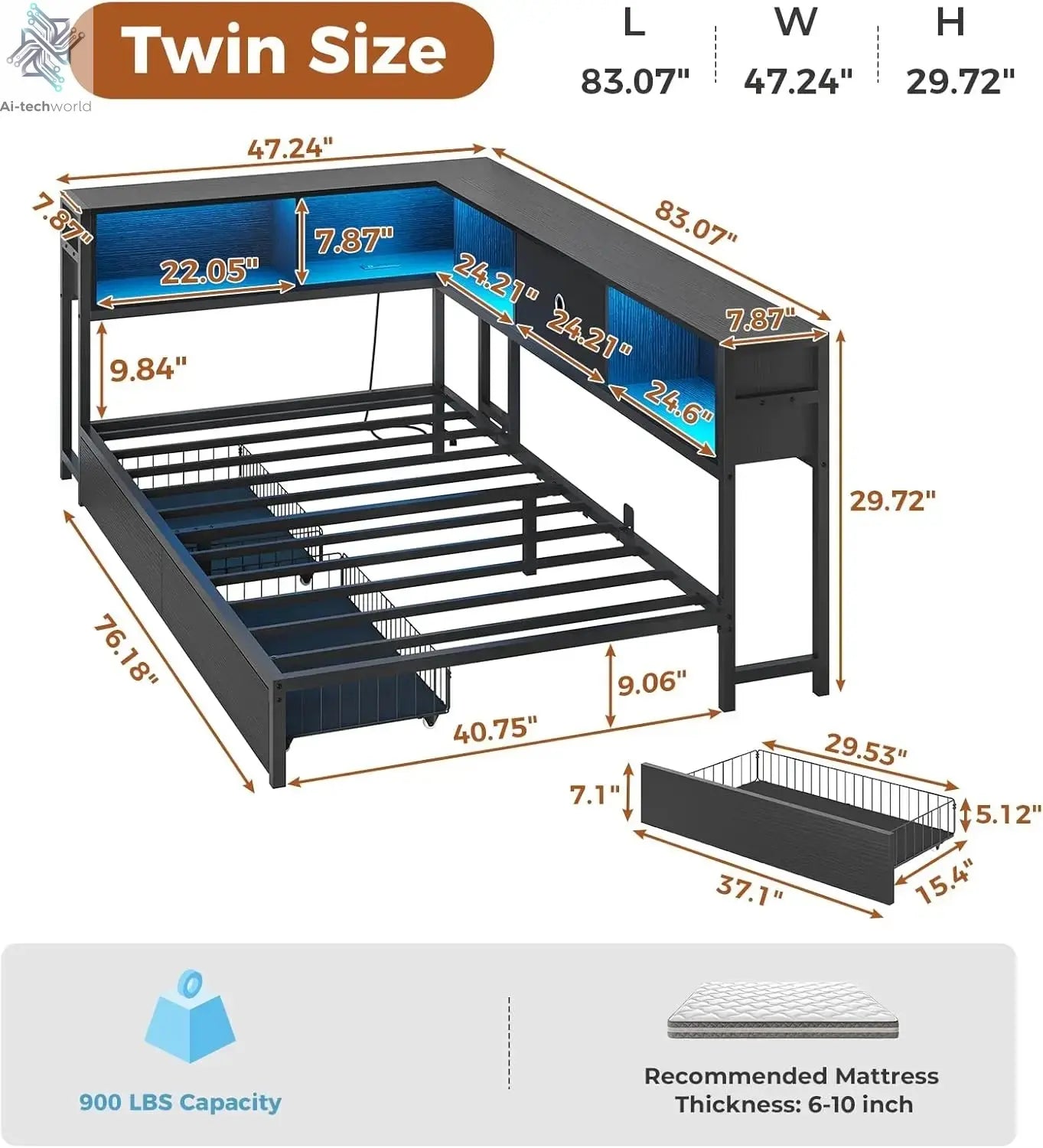 DICTAC Twin Corner Bed Frame w/ Bookcase, Storage Drawers & Charging Station - LED Lights Daybed for Living Room/Bedroom/Guest Ai-TechWorld 