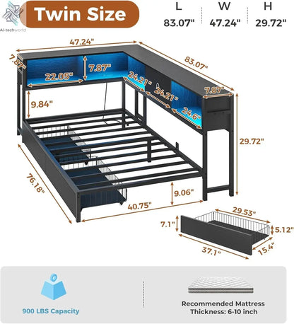 DICTAC Twin Corner Bed Frame w/ Bookcase, Storage Drawers & Charging Station - LED Lights Daybed for Living Room/Bedroom/Guest Ai-TechWorld 