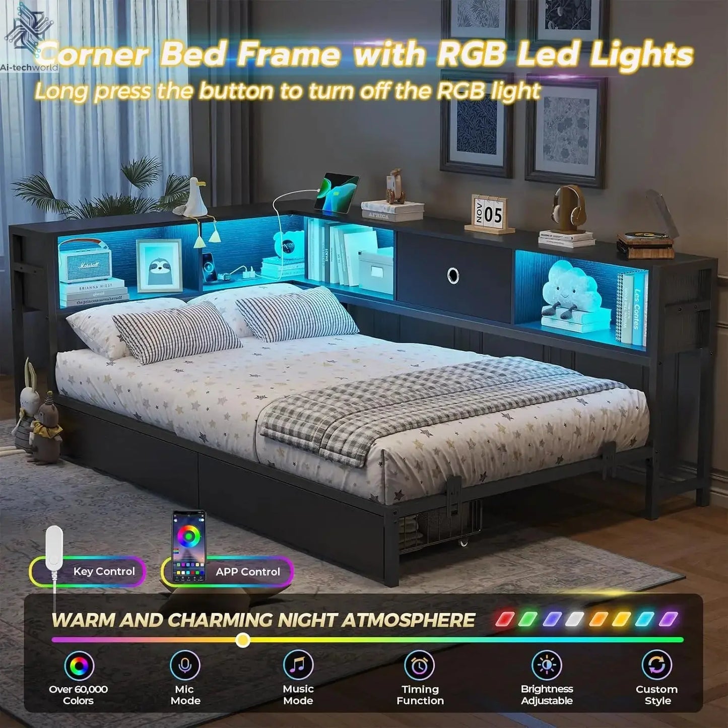 DICTAC Twin Corner Bed Frame w/ Bookcase, Storage Drawers & Charging Station - LED Lights Daybed for Living Room/Bedroom/Guest Ai-TechWorld 