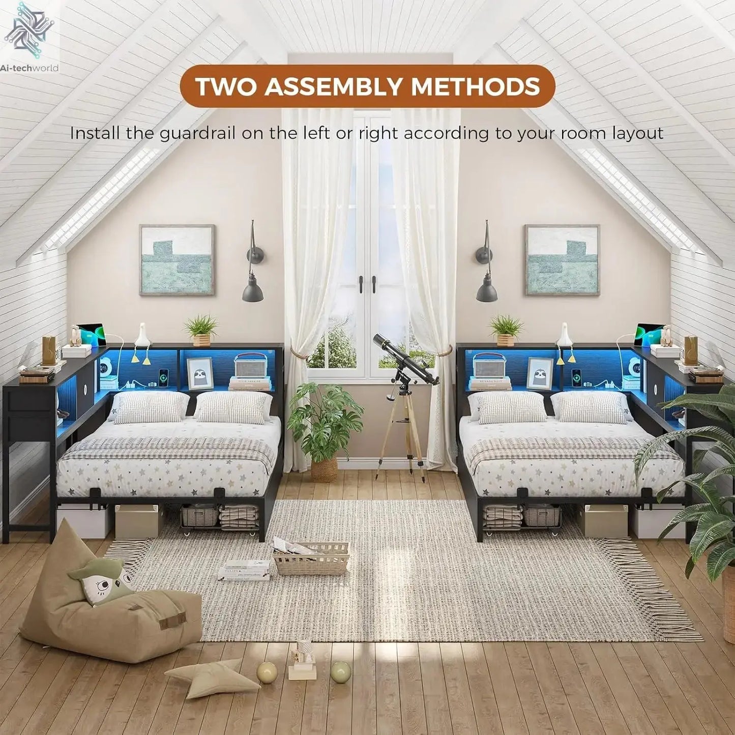 DICTAC Twin Corner Bed Frame w/ Bookcase, Storage Drawers & Charging Station - LED Lights Daybed for Living Room/Bedroom/Guest Ai-TechWorld 