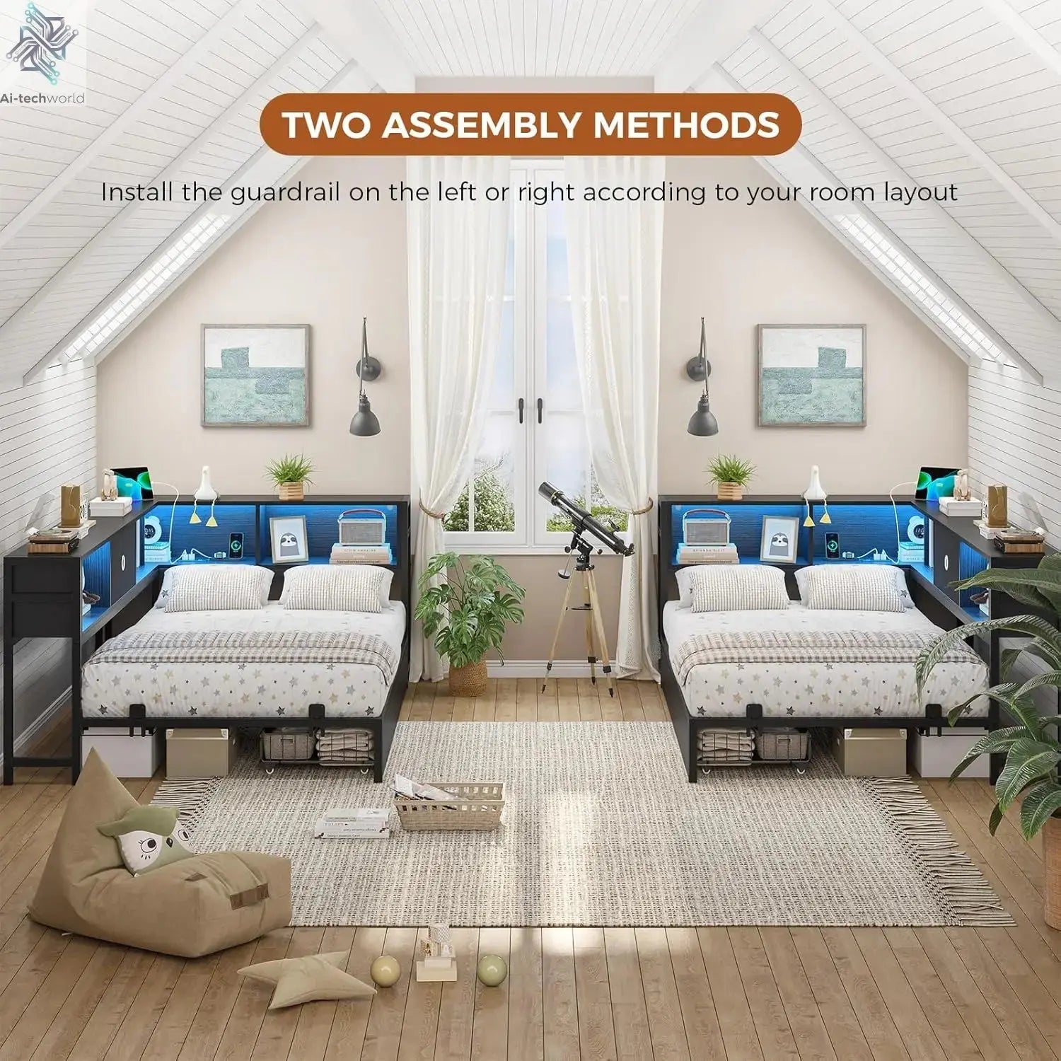 DICTAC Twin Corner Bed Frame w/ Bookcase, Storage Drawers & Charging Station - LED Lights Daybed for Living Room/Bedroom/Guest Ai-TechWorld 