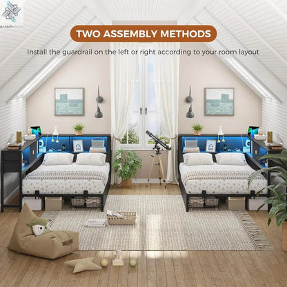 DICTAC Twin Corner Bed Frame w/ Bookcase, Storage Drawers & Charging Station - LED Lights Daybed for Living Room/Bedroom/Guest Ai-TechWorld 