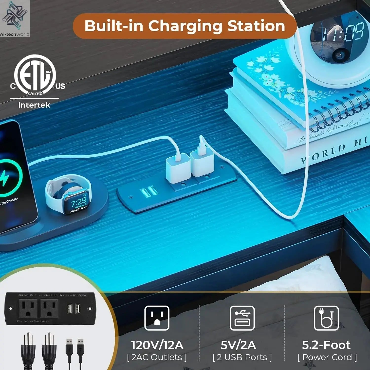 DICTAC Twin Corner Bed Frame w/ Bookcase, Storage Drawers & Charging Station - LED Lights Daybed for Living Room/Bedroom/Guest Ai-TechWorld 