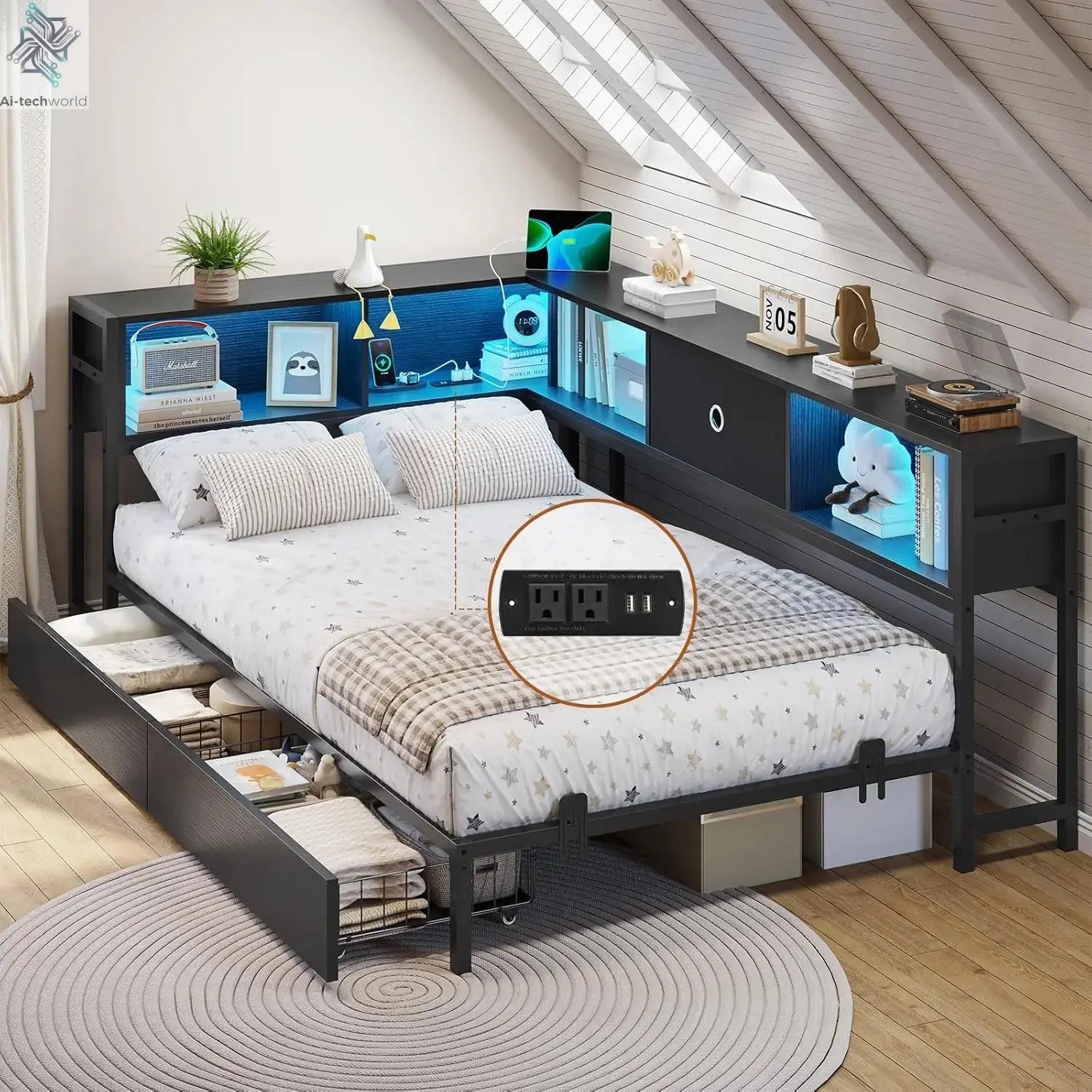 DICTAC Twin Corner Bed Frame w/ Bookcase, Storage Drawers & Charging Station - LED Lights Daybed for Living Room/Bedroom/Guest Ai-TechWorld 