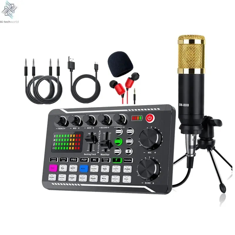 DJ Equipment Microphone Sound Card Console Studio Sound Card Kit Cable Phone Mixing Computer Live Voice Mixer F998 Sound Card Ai-TechWorld 