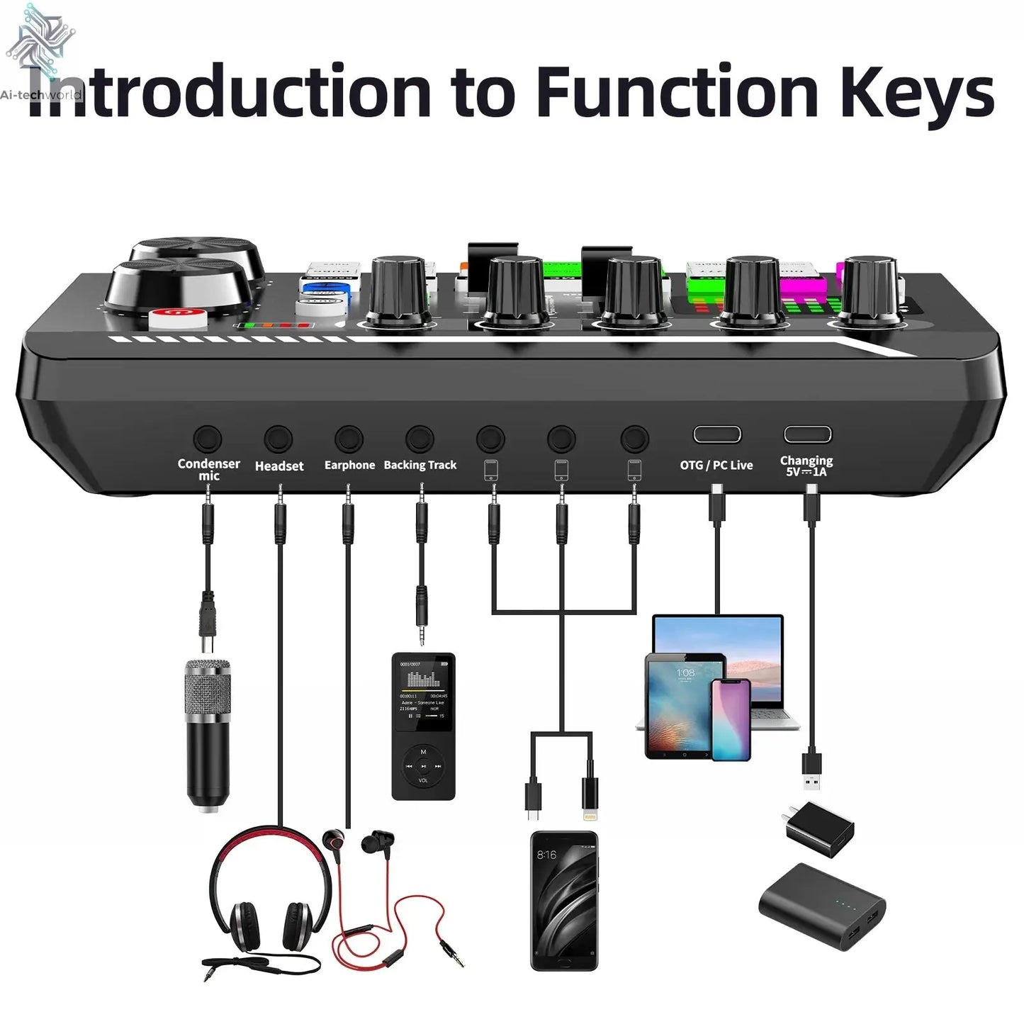 DJ Equipment Microphone Sound Card Console Studio Sound Card Kit Cable Phone Mixing Computer Live Voice Mixer F998 Sound Card Ai-TechWorld 