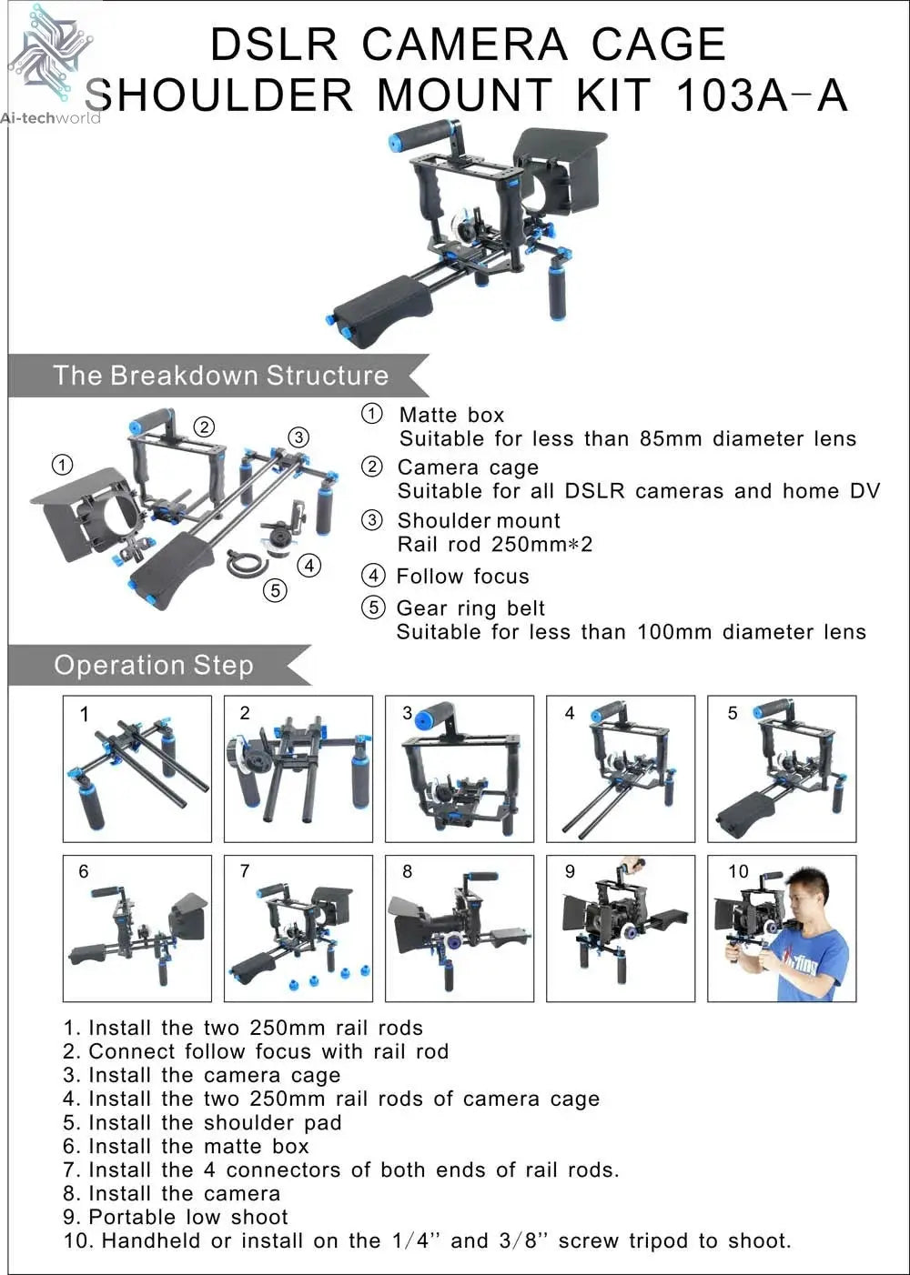 DSLR Rig Video Stabilizer Kit Film Equipment Matte Box+Dslr Cage+Shoulder Mount Rig+Follow Focus for DSLR Camera Camcorder Ai-TechWorld 