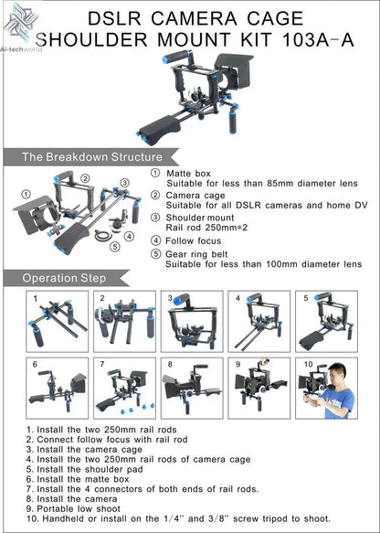 DSLR Rig Video Stabilizer Kit Film Equipment Matte Box+Dslr Cage+Shoulder Mount Rig+Follow Focus for DSLR Camera Camcorder Ai-TechWorld 