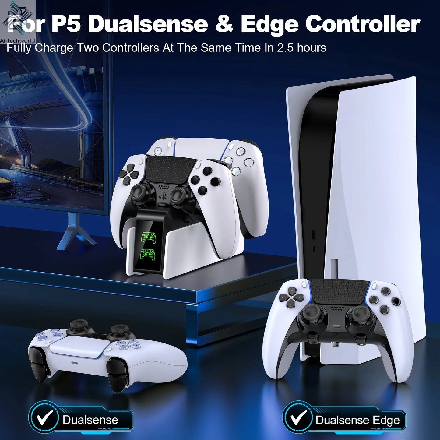 Dual Fast Charger for PS5 Wireless Controller Stand for Sony PlayStation 5 Gamepad DualSense controller Charging Base Ai-TechWorld 