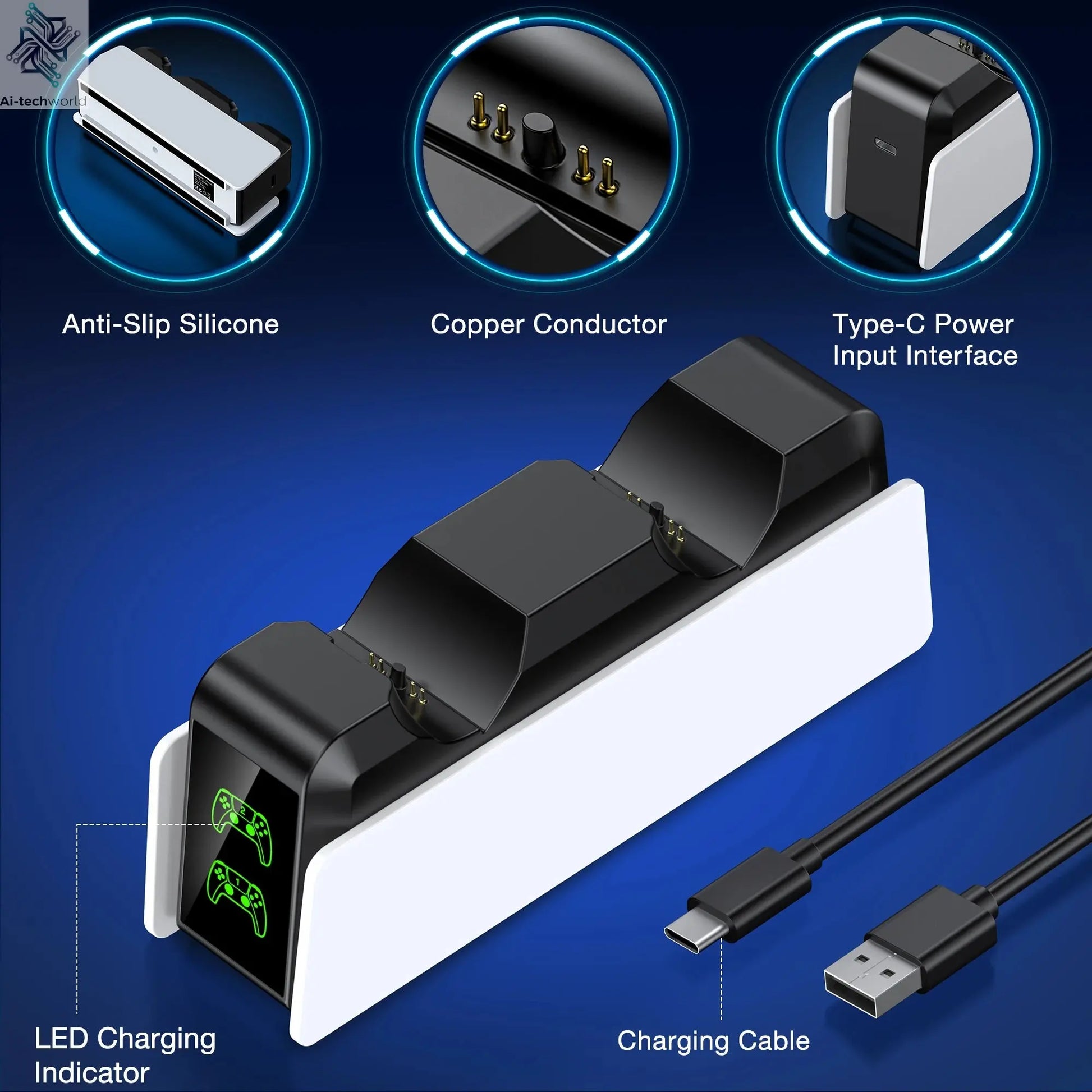 Dual Fast Charger for PS5 Wireless Controller Stand for Sony PlayStation 5 Gamepad DualSense controller Charging Base Ai-TechWorld 