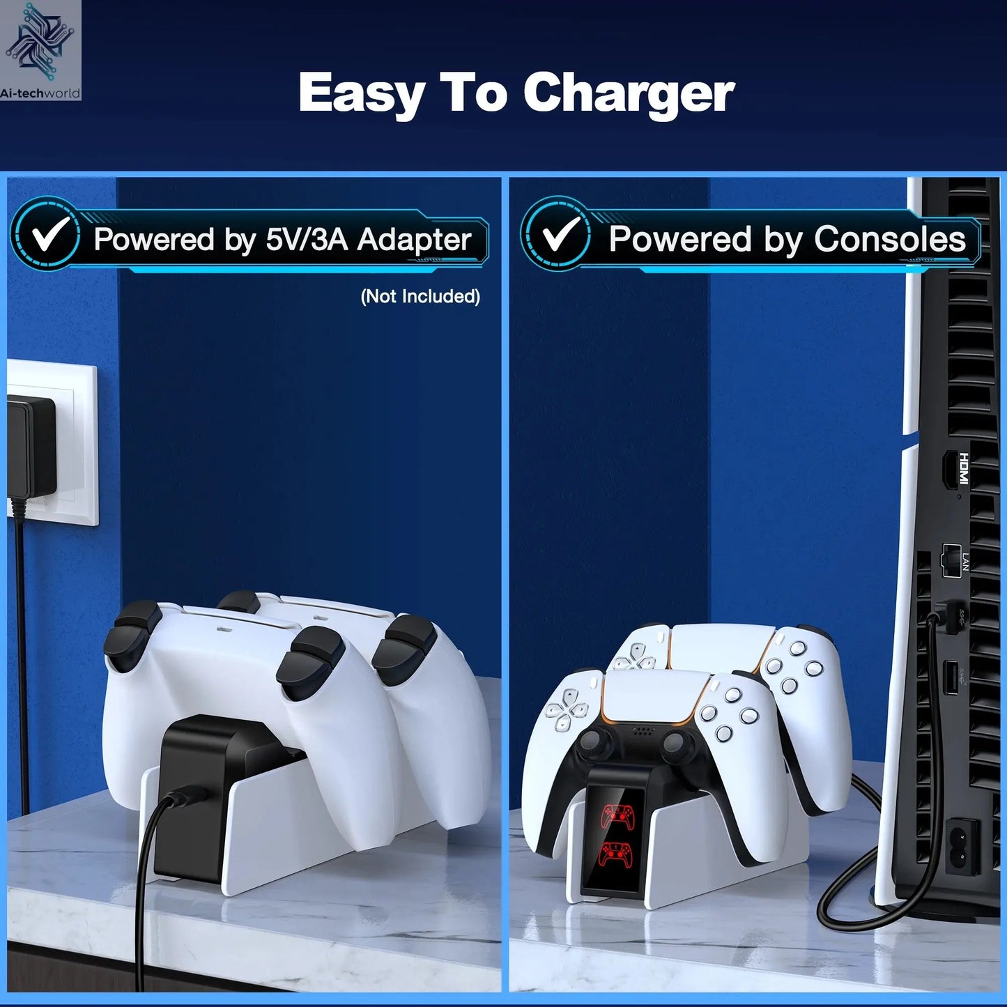 Dual Fast Charger for PS5 Wireless Controller Stand for Sony PlayStation 5 Gamepad DualSense controller Charging Base Ai-TechWorld 